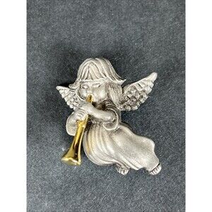 VTG Signed‎ Daria Silver Tone Pewter Gold Trumpet Horn Angel Christmas Brooch